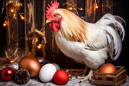 A rooster in a Christmas setup. Studio portrait, winter festive season template. Generative AIの素材