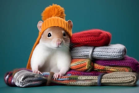 Studio portrait of a weasel wearing knitted hat, scarf and mittens. Colorful winter and cold weather concept. Generative AIの素材