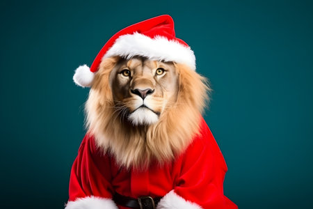 Portrait of a Lion Dressed in a Red Santa Claus Costume in Studio with Colorful Background. Generative AIの素材