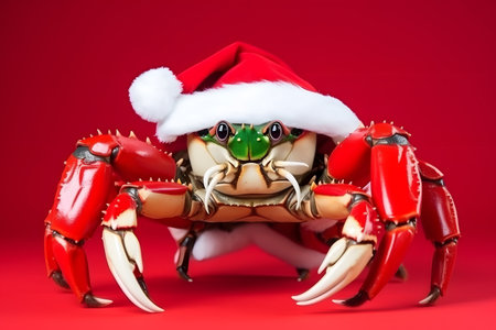 Portrait of a crab Dressed in a Red Santa Claus Costume in Studio with Colorful Background. Generative AIの素材