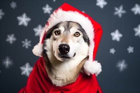 Portrait of a Wolf Dressed in a Red Santa Claus Costume in Studio with Colorful Background. Generative AIの素材