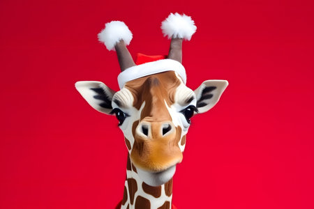 Portrait of a Giraffe Dressed in a Red Santa Claus Costume in Studio with Colorful Background. Generative AIの素材