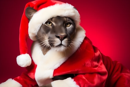 Portrait of a Panther Dressed in a Red Santa Claus Costume in Studio with Colorful Background. Generative AIの素材