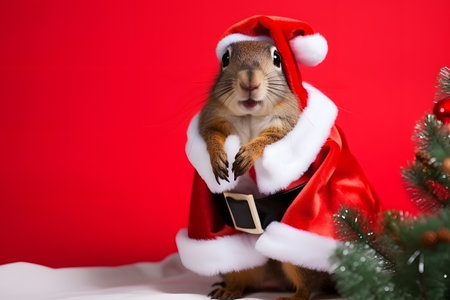 Portrait of a squirrel Dressed in a Red Santa Claus Costume in Studio with Colorful Background. Generative AIの素材