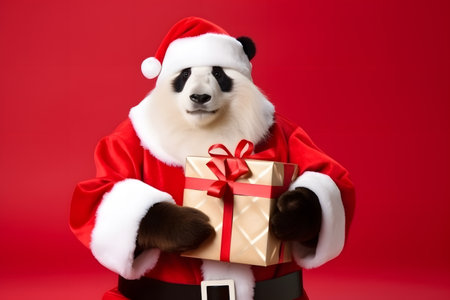 Portrait of a Panda Dressed in a Red Santa Claus Costume in Studio with Colorful Background. Generative AIの素材