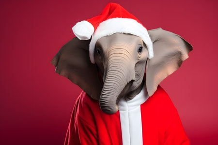 Portrait of an Elephant Dressed in a Red Santa Claus Costume in Studio with Colorful Background. Generative AIの素材