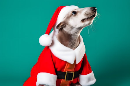 Portrait of an Otter Dressed in a Red Santa Claus Costume in Studio with Colorful Background. Generative AIの素材