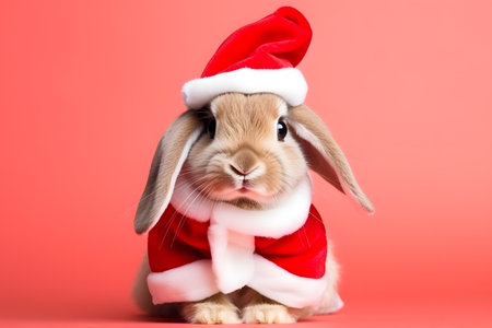Portrait of a Bunny or Rabbit Dressed in a Red Santa Claus Costume in Studio with Colorful Background. Generative AIの素材
