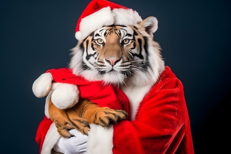 Portrait of a Tiger Dressed in a Red Santa Claus Costume in Studio with Colorful Background. Generative AIの素材