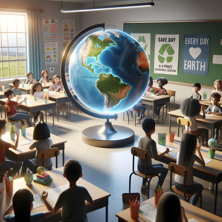 Diverse Students Engaging in Environmental Education in Classroom. Generative AI.の素材