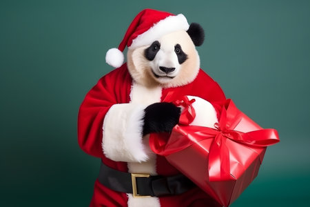 Portrait of a Panda Dressed in a Red Santa Claus Costume in Studio with Colorful Background. Generative AIの素材