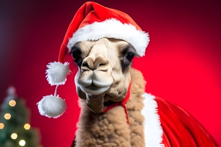 Portrait of a Camel Dressed in a Red Santa Claus Costume in Studio with Colorful Background. Generative AIの素材
