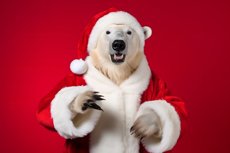 Portrait of a Polar Bear Dressed in a Red Santa Claus Costume in Studio with Colorful Background. Generative AIの素材