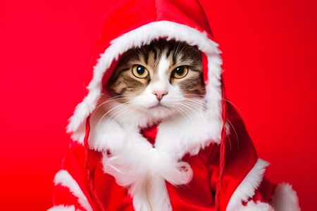 Portrait of a Cat Dressed in a Red Santa Claus Costume in Studio with Colorful Background. Generative AIの素材