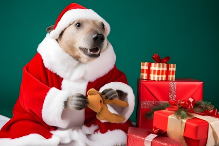 Portrait of a Beaver Dressed in a Red Santa Claus Costume in Studio with Colorful Background. Generative AIの素材