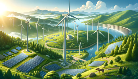 Renewable Energy Harmony in Idyllic Landscape. Generative AI.の素材