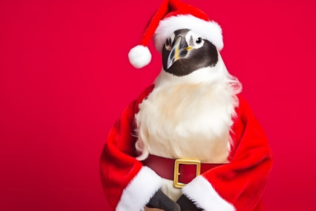 Portrait of a Penguin Dressed in a Red Santa Claus Costume in Studio with Colorful Background. Generative AIの素材