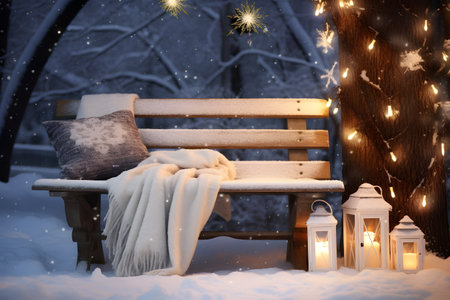 Festive Outdoor Scene with Snow-Covered Bench Surrounded by Trees Adorned with Colorful Lights and Ornaments. Generative AIの素材