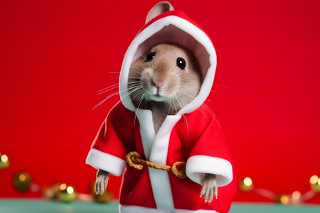 Portrait of a Mouse Dressed in a Red Santa Claus Costume in Studio with Colorful Background. Generative AIの素材