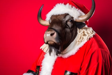 Portrait of a Buffalo Dressed in a Red Santa Claus Costume in Studio with Colorful Background. Generative AIの素材