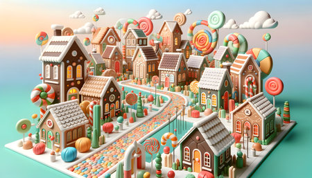 Candyland Village at Sunset. Colorful Illustration created with generative AIの素材