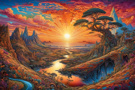 Colorful Surreal Landscape at Sunset. Generative AIの素材