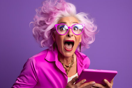 Colorful studio portrait of an old woman using modern day technology and gadgets. Bold, vibrant and minimalist. Generative AIの素材