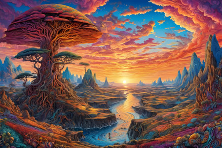 Colorful Surreal Landscape at Sunset. Generative AIの素材