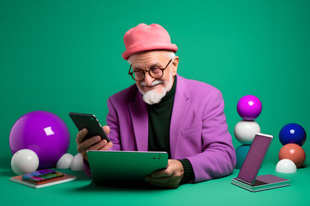 Colorful studio portrait of an old man using modern day technology and gadgets. Bold, vibrant and minimalist. Generative AIの素材