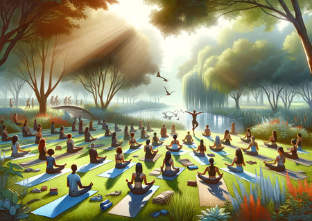 Outdoor Yoga Session in Serene Nature. Generative AIの素材