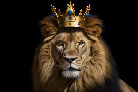 Majestic Lion Wearing Golden Crown Portrait. Generative AI.の素材
