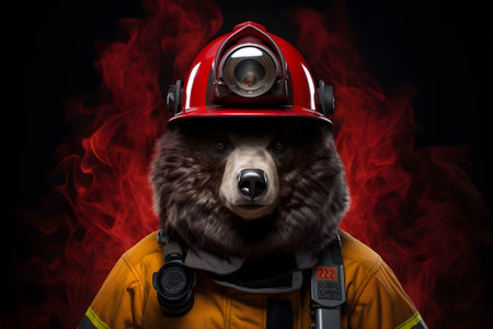 Brave Bear with Firefighter's Helmet Portrait. Generative AI.の素材