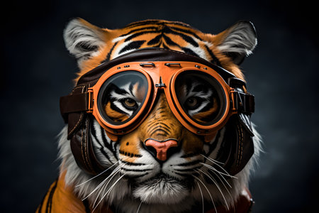 Fierce Tiger with Pilot's Goggles Portrait. Generative AI.の素材