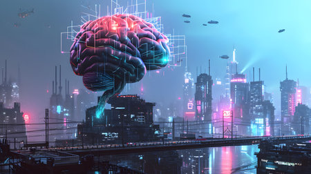 Futuristic Brain Over Cyber Cityscape. Generative AIの素材