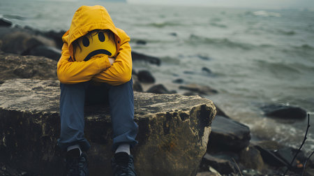 Person with Emoji Head Sitting by the Sea. Generative AIの素材