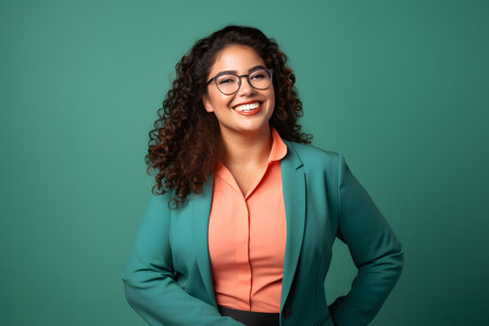 Slightly overweight businesswoman smiling confidently. Bold and vibrant clean minimalist studio portrait, copy space.の素材