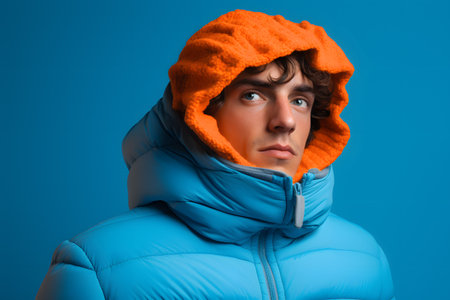 Colorful studio portrait of a young man wearing cold weather clothes to keep him warm. Autumn or winter outfit. Bold, vibrant and minimalist. Generative AIの素材