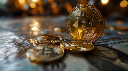 Bitcoin Cryptocurrency Coins on Reflective Surface. Generative AIの素材