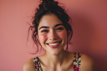 Joyful Woman with a Genuine Smile. Isolated on Pink Background. Generative AIの素材