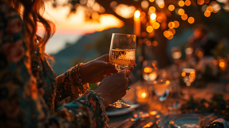 Evening Toast at Sunset Dinner. Generative AIの素材