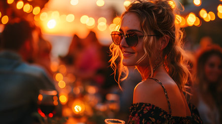 Woman Enjoying Evening Party Outdoors. Generative AIの素材