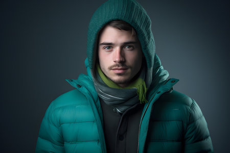 Colorful studio portrait of a young man wearing cold weather clothes to keep him warm. Autumn or winter outfit. Bold, vibrant and minimalist. Generative AIの素材
