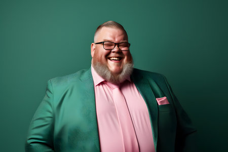 Slightly overweight businessman smiling confidently. Bold and vibrant clean minimalist studio portrait, copy space. Green and pinkの素材