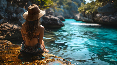 Woman Relaxing in Tropical Pool at Sunset. Generative AIの素材