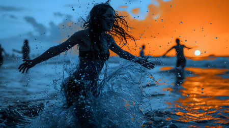 Sunset Joy in Ocean Splash. Generative AIの素材