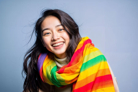 Joyful Asian Woman with Rainbow Scarf. Generative AIの素材