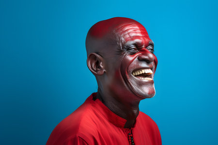 Colorful studio portrait of an ethnic man smiling happily. Blue and Red. Generative AIの素材