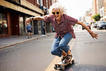 Stylish Senior Woman Skateboarding. Generative AIの素材