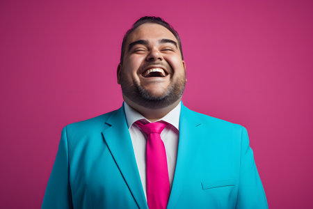 Slightly overweight businessman smiling confidently. Bold and vibrant clean minimalist studio portrait, copy space. Pink and tealの素材