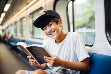 Asian Boy Reading Book on Train. Generative AIの素材